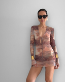 Améthyste Mini Mesh Dress - Brown Print