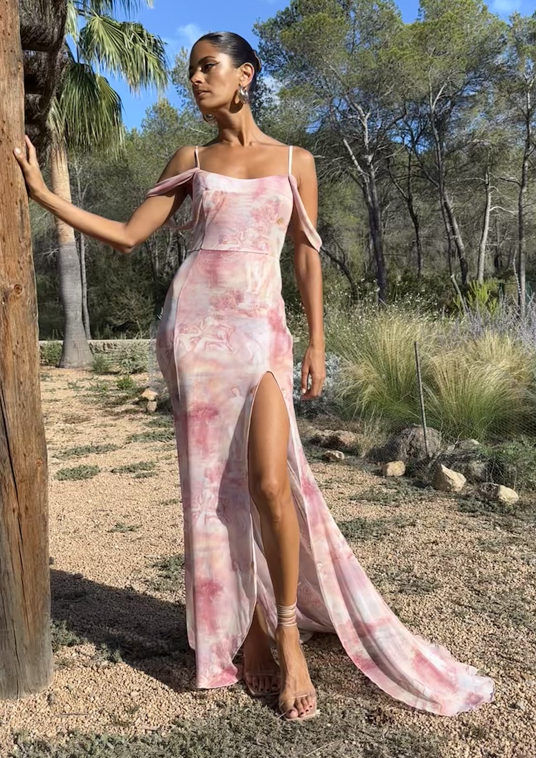 Éclat Maxi Gown Mesh Dress - Pink/ Peach Print