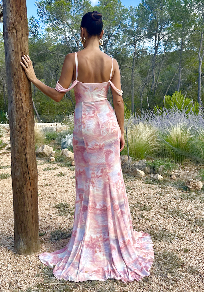 Éclat Maxi Gown Mesh Dress - Pink/ Peach Print